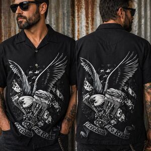 Dragonfly Roadhouse Freedom To Ride Eagle Engine Button Camp Shirt Mens XXL